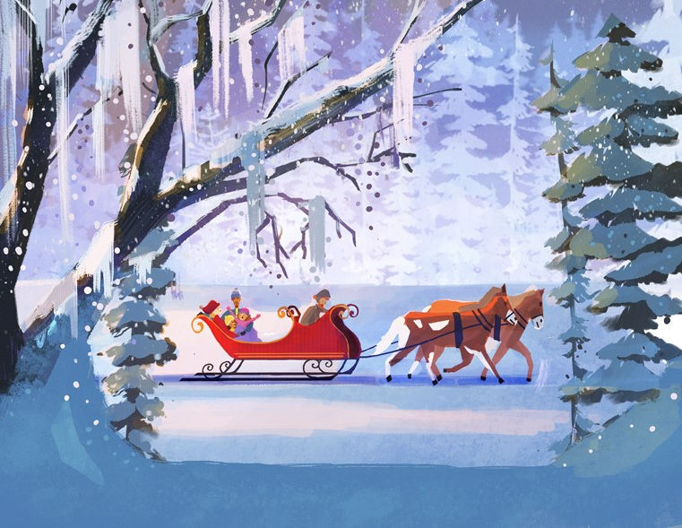 Winter sleigh children's book illustration