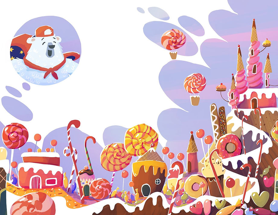 Whimsical candy kingdom children's book illustration